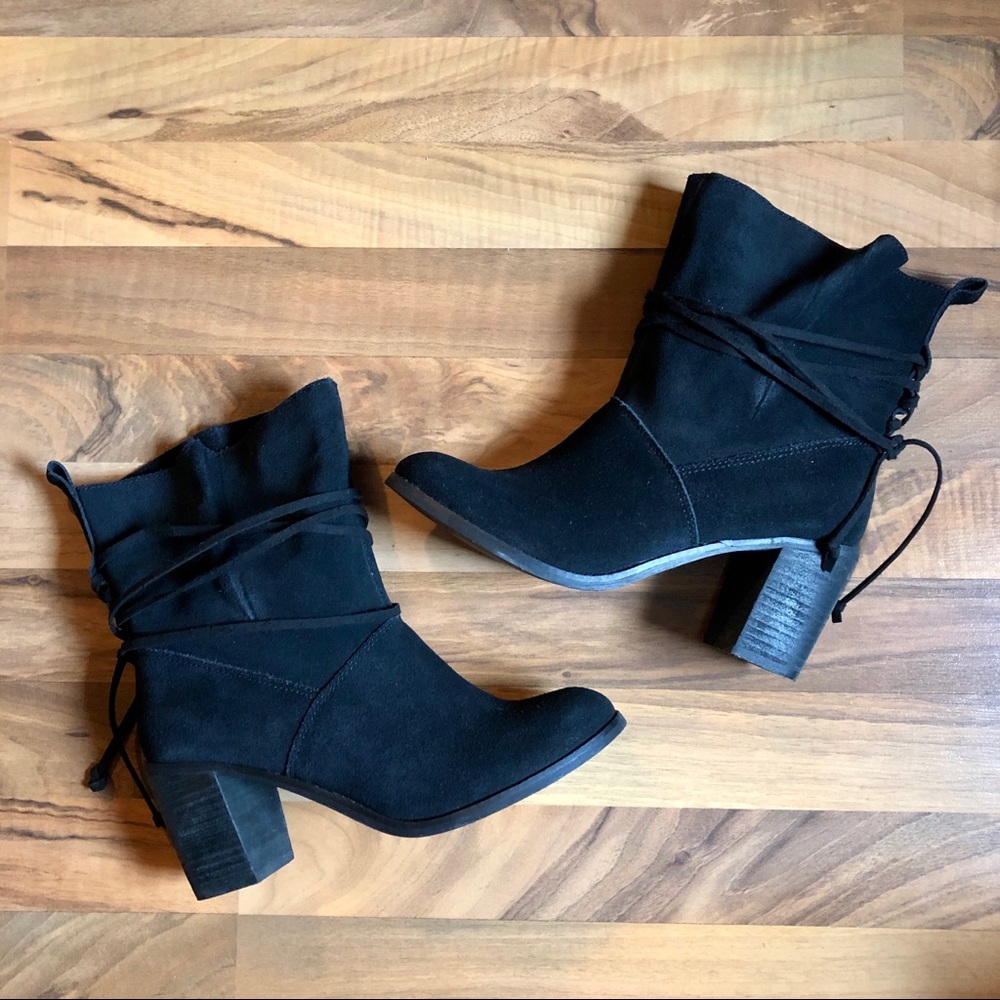 Toms Mila Black Suede Laced Cord Leather Boots